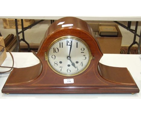 An inlaid mahogany 'Napoleon hat' shape chiming clock by Badische Uhrenfabrik, the movement stamped 'Musterschutz' and No. 77
