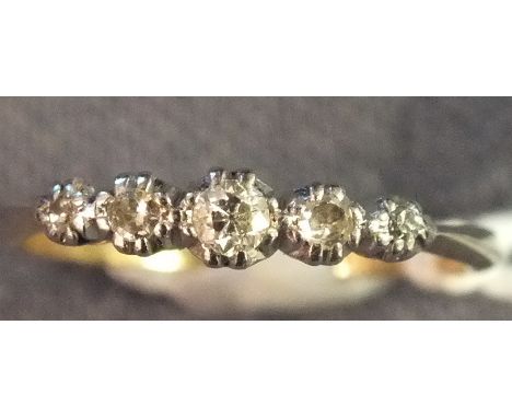 A five-stone diamond ring claw-set brilliant and 8/8-cut diamonds, in 18ct gold mount, size K, 2g.