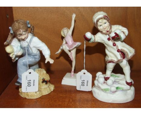 Three Royal Worcester figurines: 'December' 3458, 17cm, 'Katie's Day, Playtime', 15cm and 'Ballerina', 15.5cm, (3).