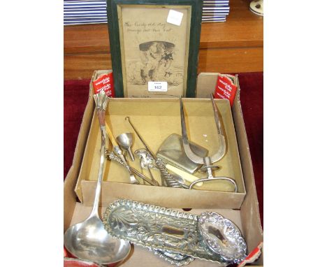 A plated joint lifter, a plated ladle, other plated ware and a framed pen and ink sketch 'The lively old dog brings out his b