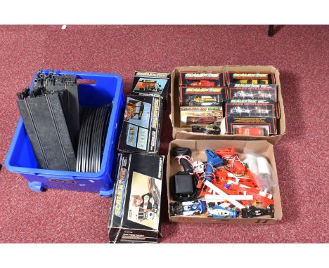 A QUANTITY OF BOXED AND UNBOXED SCALEXTRIC CARS, ACCESSORIES AND TRACK, boxed cars to include 2 x Ford Escort XR3i (C342), 2 