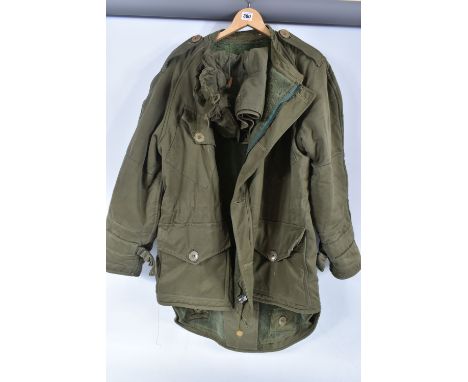 1953 DATED MILITARY ISSUE PARKA COAT WITH DETACHABLE HOOD, inside label says size 6 with broad arrow clearly visible and was 