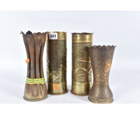 FOUR TRENCH ART STYLE VASES, to include a 1917 shell case with leaves on the front and souvenir of Burovorm, a 1917 shell cas