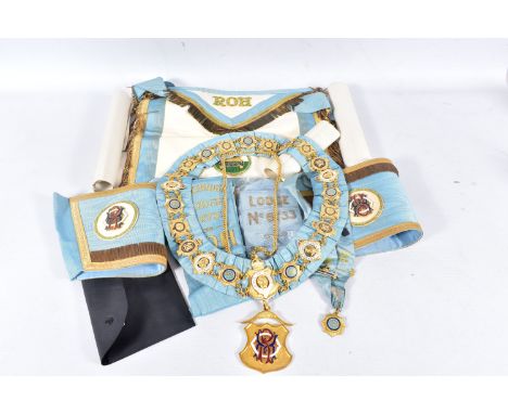 A BOX OF ROYAL ANTEDILUVIAN ORDER OF THE BUFFOLOS REGALIA, including an apron and sash etc presented to brother S.A.Bishop fr