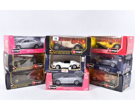 A QUANTITY OF BOXED BBURAGO 1:24 SCALE DIECAST CAR MODELS, mix of 1930's and 1940's sports cars including 1948 Jaguar XK120 R