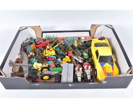 A BOX OF PLAYWORN VINTAGE CORGI AND MATCHBOX MODEL VEHICLES, to include Corgi models James Bond Aston Martin DB5, parts work 