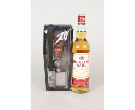 A bottle of Highland Earl Whisky plus Grants miniature and a hip flask