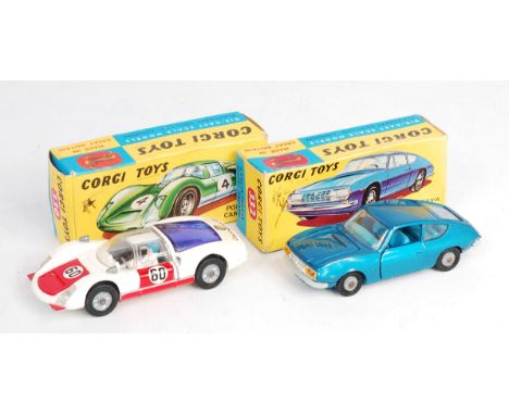 Corgi Toys, 330, Porsche Carrera 6, white body, red bonnet and doors, racing number 60, cast hubs, blue engine cover, in the 