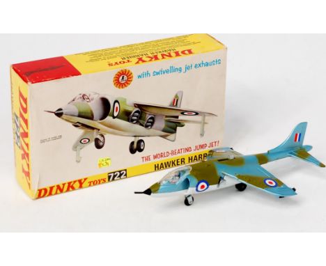 Dinky Toys, 722 Hawker Harrier, RAF, olive/blue camouflage, in the original box with packing piece and instruction leaflet (N