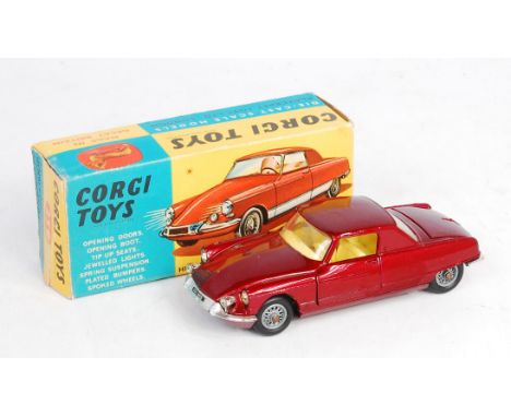 Corgi Toys, 259 Citroen 'Le Dandy', metallic dark red with yellow interior, wire wheels, in the original blue and yellow all-