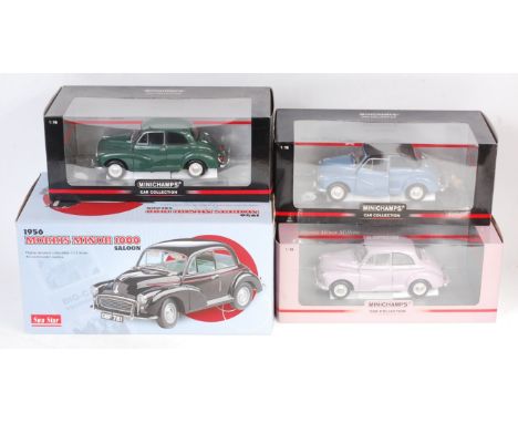 Minichamps and Sun Star Morris Minor diecast group, 4 boxed examples, to include Minichamps 1/18th Morris Minor Cabriolet, Mo