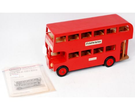 Dereham Hobbies of England, wooden and factory built Double Decker Bus, with leaflet and paperwork, to measure 14.5" long, we