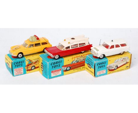 Corgi Toys Playworn Boxed Diecast Group, 3 examples, to include No.437 Superior Ambulance on Cadillac Chassis (GBG), No.419 F