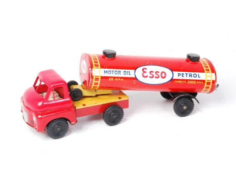 Wells Brimtoy "Esso" tinplate tanker, articulated tanker with red cab with plastic top, detailed tin printing to interior, wi