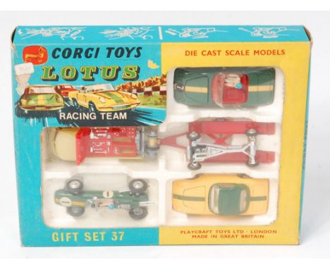 Corgi Toys, Gift Set 37, Lotus Racing Team, comprising of 490 VW breakdown truck, red trailer, Lotus Climax Formula 1 racing 