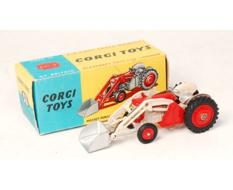 Corgi Toys, 53 Massey Ferguson 65 tractor with shovel, bright red bonnet, grey plastic steering wheel, red metal hubs, silver