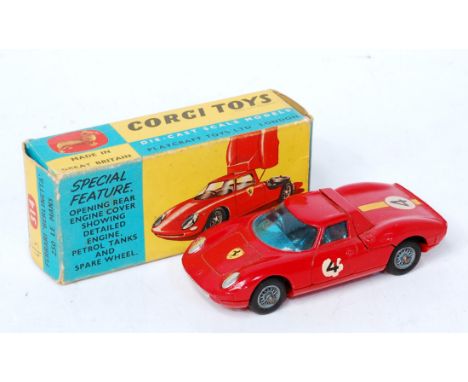 Corgi Toys, 314, Ferrari Berlinetta 250 Le Mans, red body with racing number 4, wire detailed wheels, in the original blue an