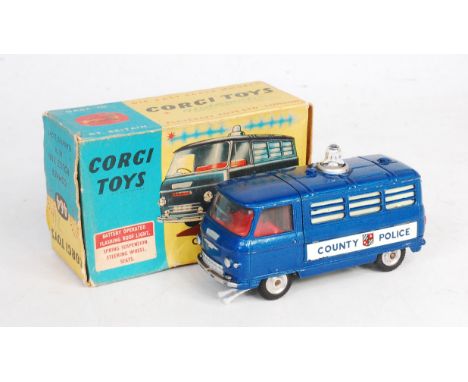 Corgi Toys, 464, Commer Police Van, dark blue body, blue roof light, barred windows, County Police Transfers to sides, red in