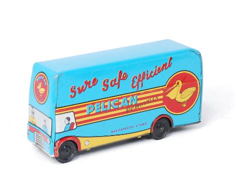 Wells Brimtoy "Pelican Removals" Van, tinplate friction drive van finished in blue, red and yellow with colourful tinprintig,