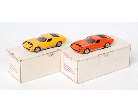 Illustra Models 1/43rd scale white metal Lamborghini Miura P400 Group, 2 boxed examples, 1 finished in orange and 1 finished 