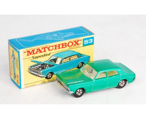 Matchbox Superfast No.53 Ford Zodiac, Metallic emerald green body with off white interior, in the original all card box (M-BM