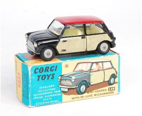 Corgi Toys, 249 Morris Mini Cooper with deluxe wicker work, black body with red roof, lemon interior with wicker panels, cast