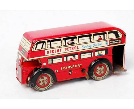 Wells Brimtoy (UK) Transport Double decker Bus, Red tinplate with white and cream detailing, "Regent Petrol" adverts to sides