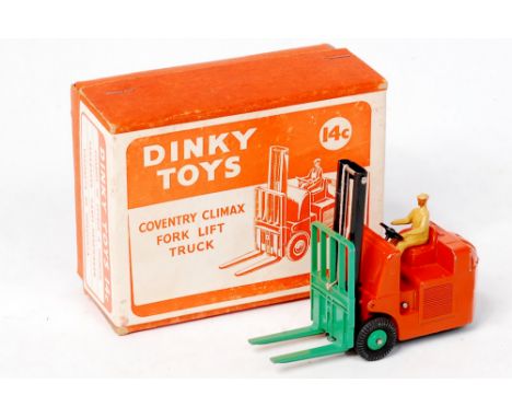 Dinky Toys, 14C, Coventry Climax Fork Lift Truck, orange body with green forks and hubs, in the original orange and white all