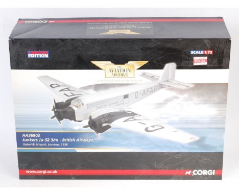 Corgi Aviation Archive 1/72nd scale, AA36903, model of a Junkers JU-52 3/M British Airways, Gatwick Airport London 1936 (VG-B