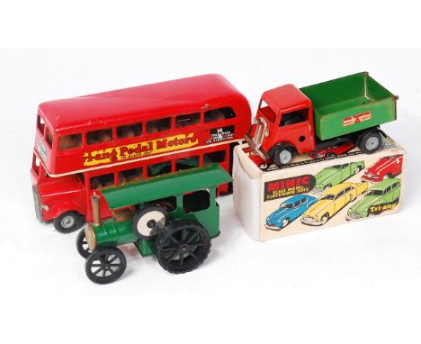 Triang Minic Tinplate Vehicle Group, to include London Transport Double Decker Bus (GVG), Triang Minic Traction Engine finish