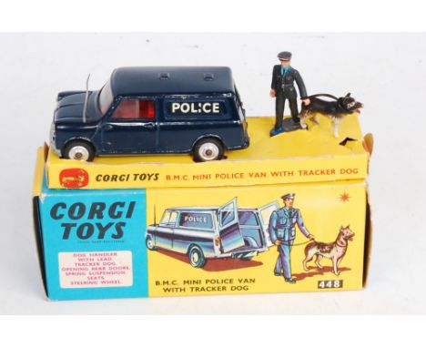 Corgi Toys, 448 BMC Mini police van with tracker dog, dark blue Mini Van, red interior, plastic policeman and dog on lead, sl