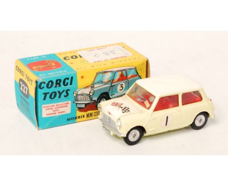 Corgi Toys, 227 Morris Mini Cooper competition model, primrose yellow body, red interior, white roof and bonnet with flags, R