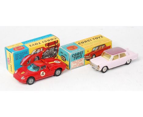 Corgi Toys, 314, Ferrari Berlinetta 250 Le Mans, red body with racing number 4, wire detailed wheels, in the original blue an