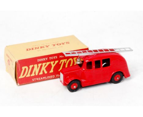 Dinky Toys, 250, Streamlined Fire Engine, red body and hubs, silver ladder with bell, black tyres, in the original yellow and