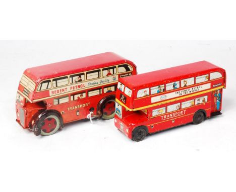 Wells tinplate clockwork Double Decker Bus red body with detailed tin printed body, cream upper deck window surrounds, tinpla