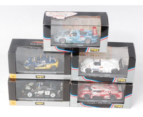 Onyx Models 1/43rd scale, 5 plastic cased Racing Cars, to include Toyota Zent Le Mans 1998, BMW V12 LMR Le Mans 1999, Nissan 