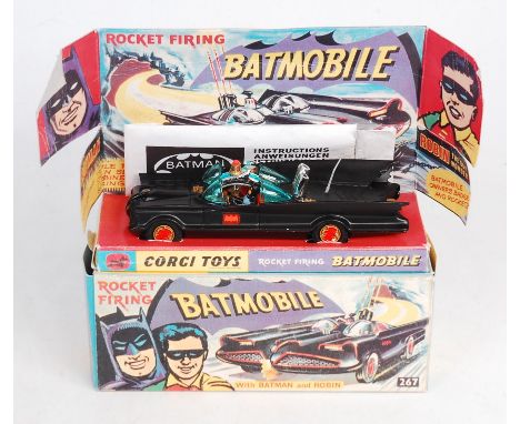 Corgi Toys, 267 Batmobile, repainted matt black body with red Bat logo on doors, gold cast hubs, with figures, pulsating exha