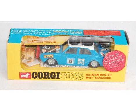 Corgi Toys, 302, Hillman Hunter Rally, blue body with white roof, matt black bonnet with luggage load to roof, with kangaroo 