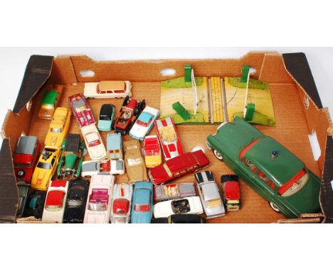 25+ mixed play worn and repainted diecast, to include Corgi Toys and Dinky Toys, examples to include Morris Mini Cooper, Rove