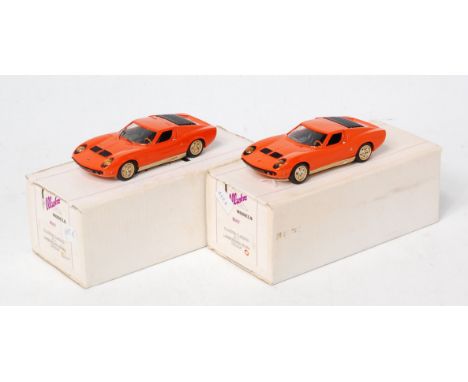 Illustra Models 1/43rd scale white metal Lamborghini Miura P400 Group, 2 boxed examples, both finished in orange (Both NM-BVG