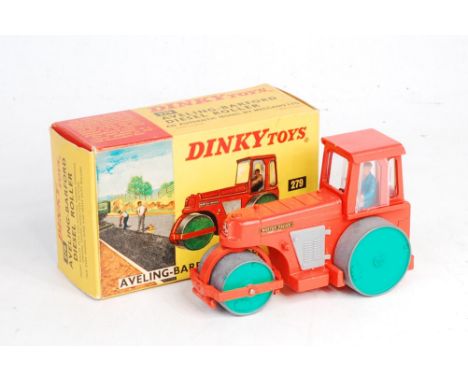 Dinky Toys, 279, Aveling Barford Diesel Roller, orange body with green wheels, grey plastic engine covers, with driver, in th