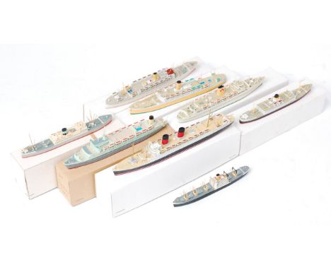 Len Jordan Resin 1/1200th scale model ship group, 8 examples, 7 in associated boxes, and 1 loose, to include Orcades, Strathm