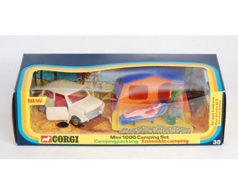 Corgi Toys, Gift Set 38, Mini 1000 camping set, comprising of cream mini with red interior, 2 figures, plastic tent and BBQ, 