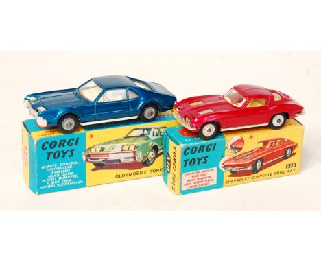 Corgi Toys Boxed Saloon Group, 2 boxed examples, to include No.310 Chevrolet Corvette Sting Ray, metallic pink body with yell