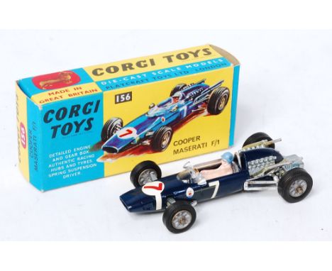 Corgi Toys, 156, Cooper Maserati F1, dark blue body with RN7, blue and yellow all card box, with leaflet (VGNM-BVG)