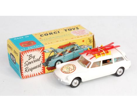 Corgi Toys, 475 Corgi Ski Club Citroen Safari, white body with red roof rack, 4 skis and 2 poles, with figure, brown and gree