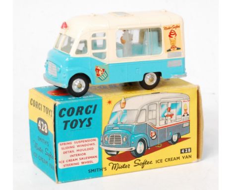 Corgi Toys, 428 Smiths Mister Softee ice cream van, blue and cream body with ice cream server figure, Mister Softee transfers