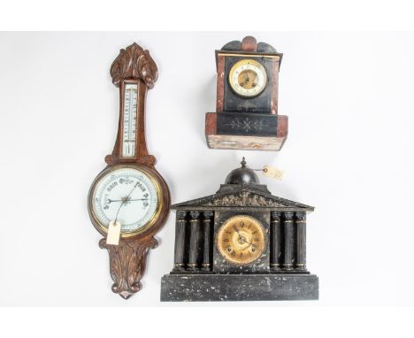 2x 19th Century slate clocks and a barometer. A large slate mantel clock with gilt face and fluted pillars. American Ansonia 