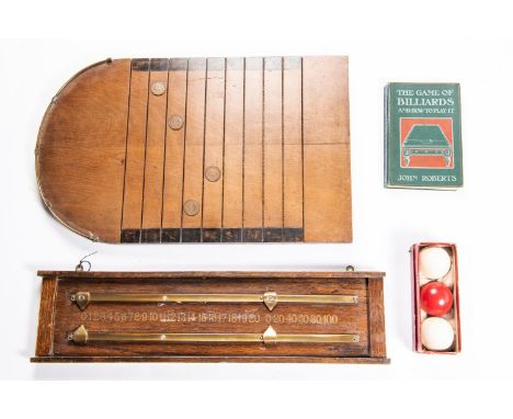 A billiards wooden scoreboard; set of 3 balls in cardboard carton; also a "Shove "Ha'penny" board. GC  £40-60 