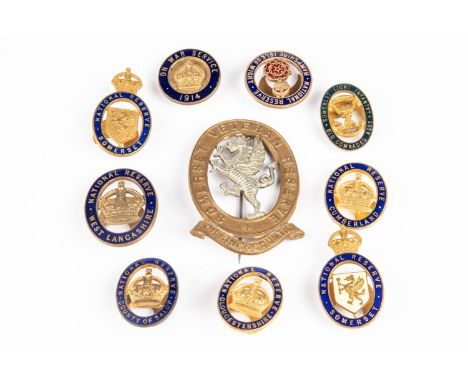 A large pin back bi-metal badge of the Somerset Veteran Reserve; seven National Reserve gilt and enamel lapel badges: Glouces